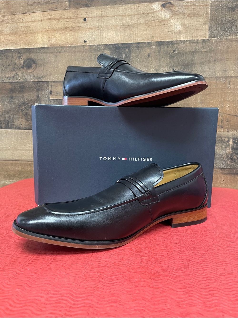 Tommy Hilfiger Black Leather Penny Loafers with Tan Sole Edge